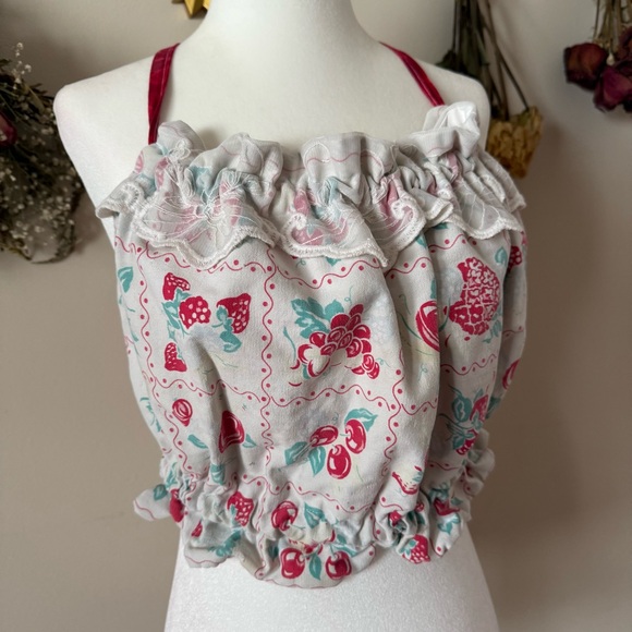 Cottagecore Handmade  Strawberry and Cherry Print Halter Top - Picture 2 of 3